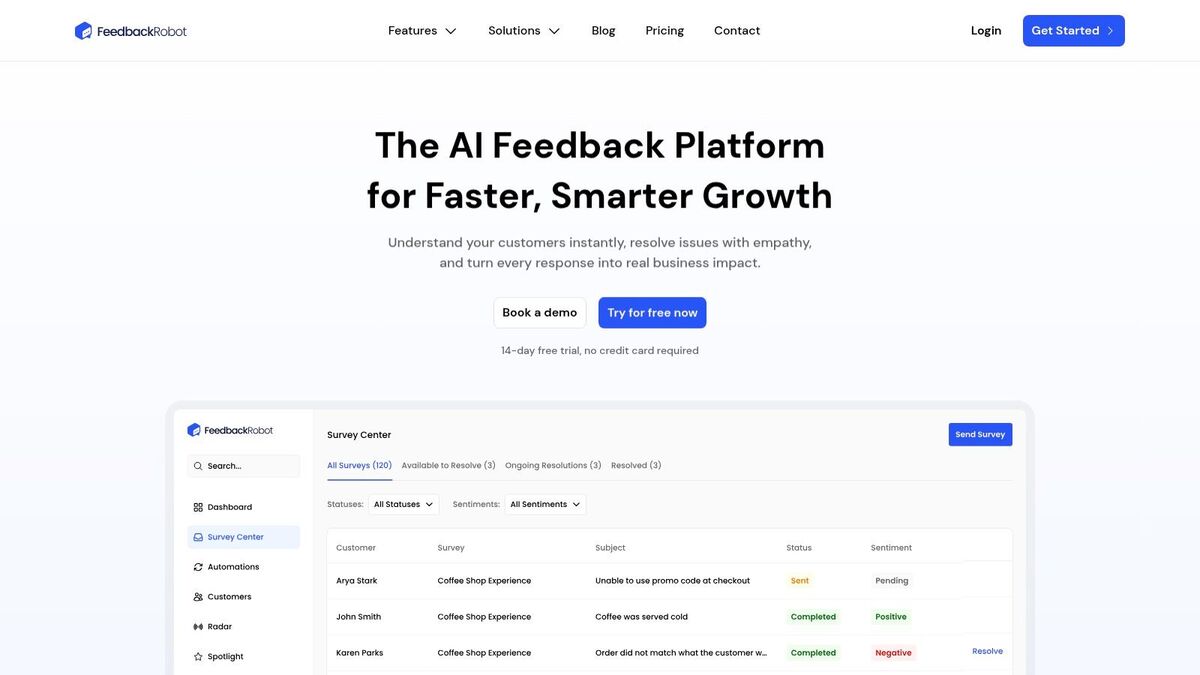 FeedbackRobot dashboard showing sentiment analysis of restaurant customer feedback